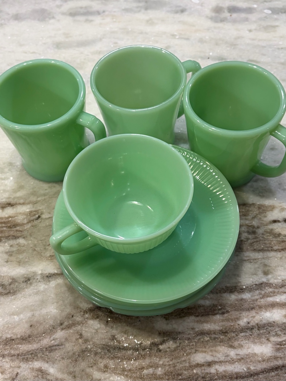 Fire King Jadite Green Mugs with Cups & Saucers